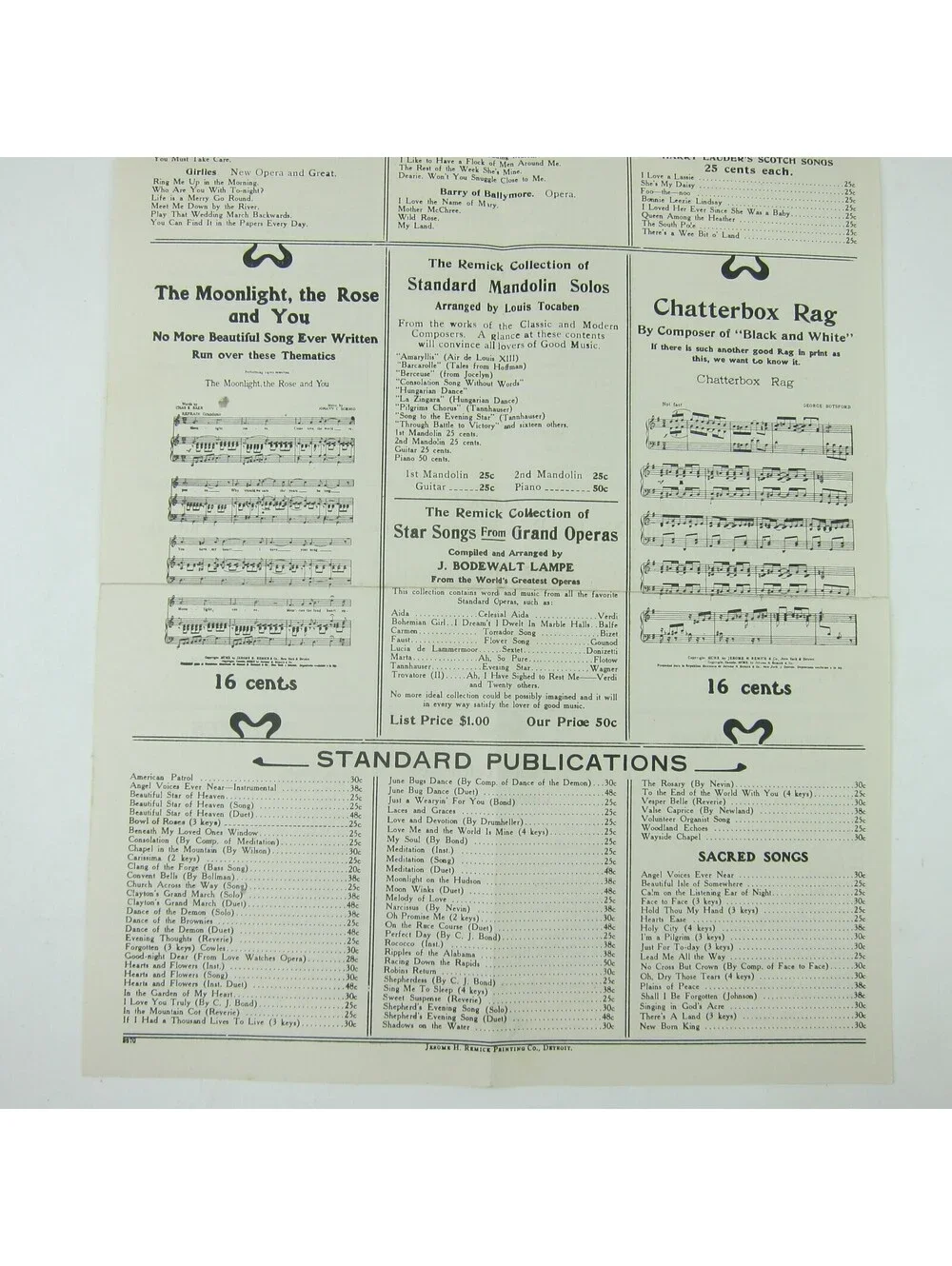 Sheet Music Jerome H. Remick & Co Advertising Special Bulletin Form Antique 1910